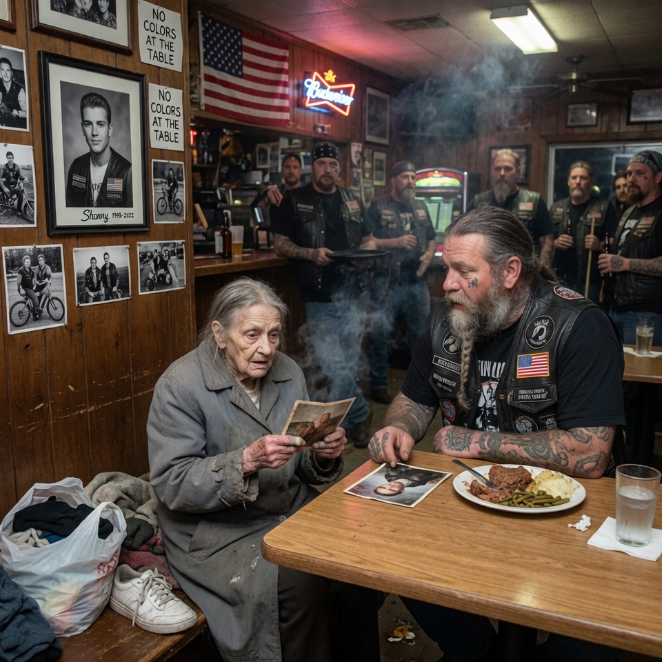 THE DOOR OPENED AND THE WHOLE BAR WENT SILENT. A FRAGILE WOMAN WITH A PLASTIC BAG WALKED PAST THE LEATHER AND TATTOOS. SHE ONLY WHISPERED ONE LINE, BUT IT BROKE THOSE HARDENED MEN. WHAT HAPPENED NEXT CHANGED EVERYONE?