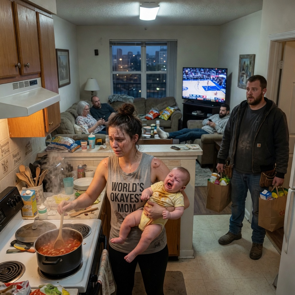 “I Ordered My Parents and Brother to Leave After Watching My Exhausted Wife Cook Holding Our Baby – But the Bank Records That Night Destroyed Me!”