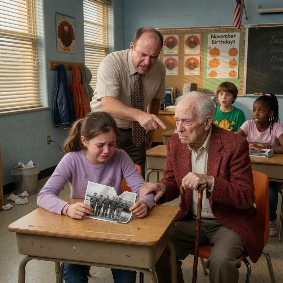 My fourth-grade teacher snatched my grandpa’s photo and told the class he was a liar. For twenty minutes, my pop just sat there in his old red jacket — and never said a single word.