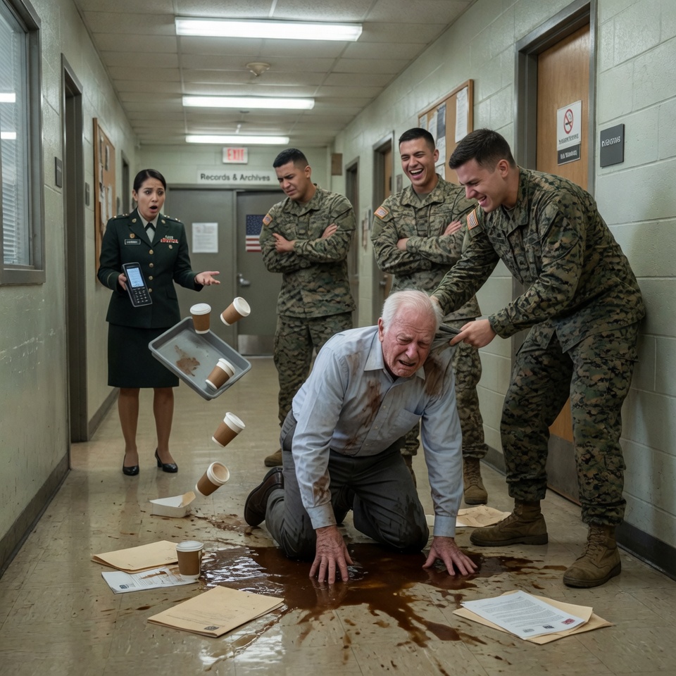 Three Marines knocked an 82-year-old man to the floor of a base hallway and laughed.