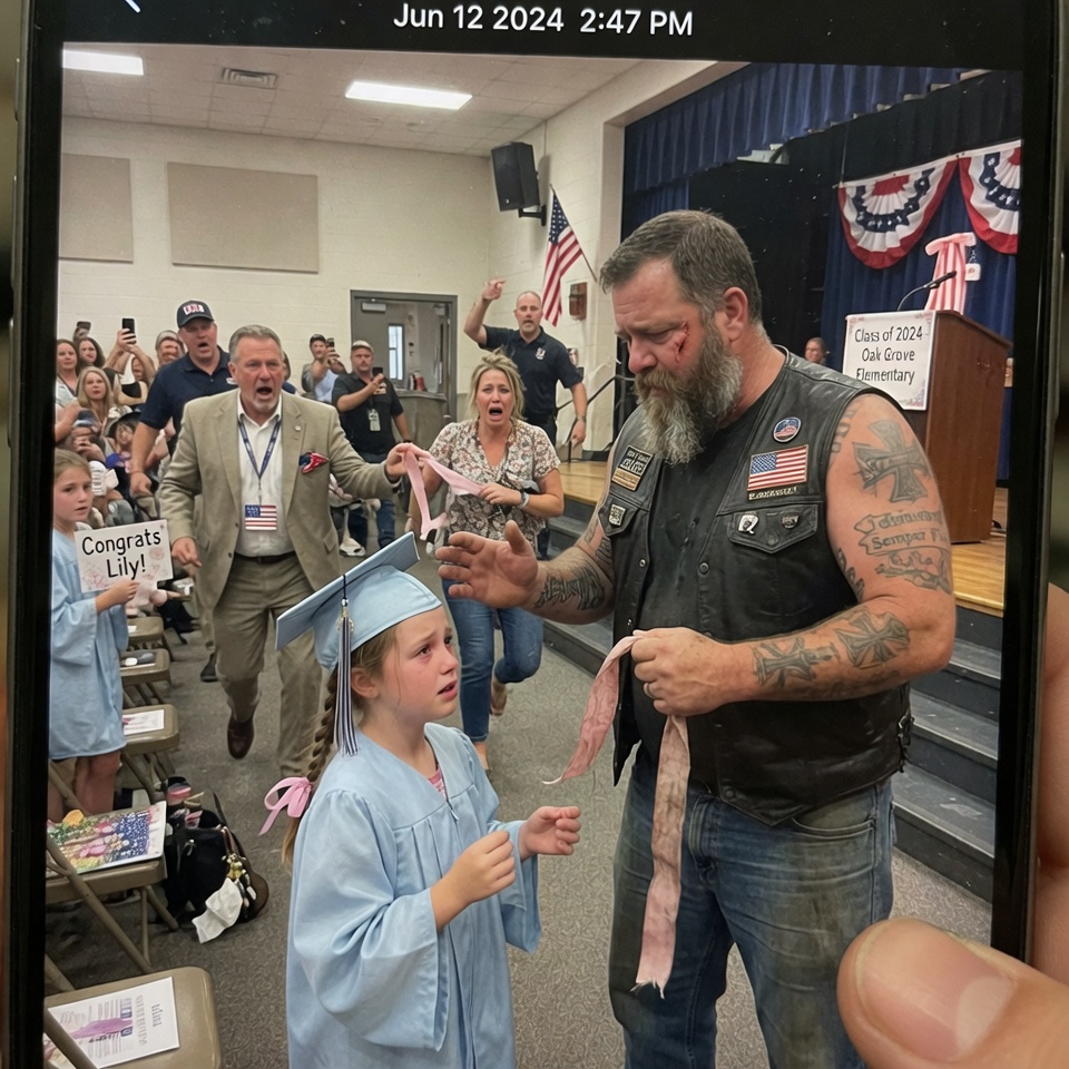 A massive, ink-covered biker snatched the mic from a trembling 8-year-old girl at her graduation, and the hall went dead silent. But the real shock wasn’t his intrusion-it was the FADED PINK RIBBON dangling from his hand, an exact match to the one in her hair. WHAT SECRET LINKED THIS STRANGER TO A CHILD HE SHOULD NEVER HAVE KNOWN?!