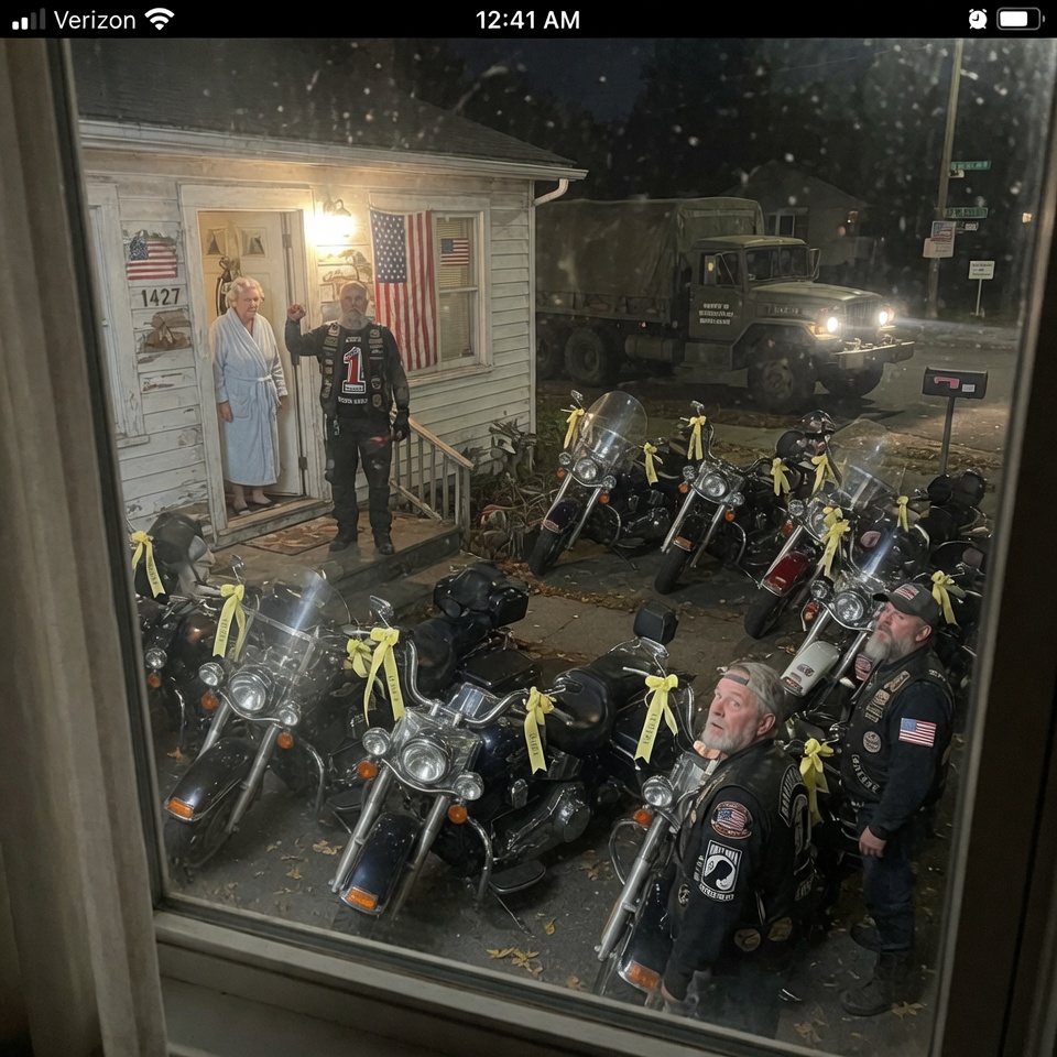 THEY LOOKED LIKE A VICIOUS GANG, THIRTY LEATHER-CLAD MEN FORMING A SILENT CIRCLE AROUND A FRAGILE GRANDMOTHER—WHY DID THE POLICE JUST LEAVE? AND WHY DID EVERY BIKE CARRY THE SAME YELLOW RIBBON? THIS MIDNIGHT STANDOFF HID A SECRET FORTY-TWO YEARS IN THE MAKING.