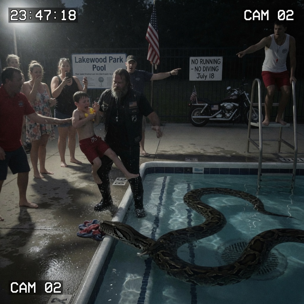 This HEROIC Biker Jumped Into a Public Pool and Grabbed a Little Boy — Minutes Later, the Security Camera Exposed the ONE DANGER the Entire Neighborhood Had Missed WILL YOU BELIEVE WHAT HE SAW?