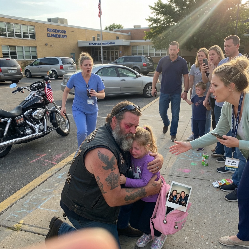 “DON’T TAKE HER AWAY FROM ME YET” — THE BIKER’S WORDS STUNNED THE CROWD. THEN THE GIRL’S MOTHER ARRIVED AND SAW THE PHOTO THAT …..
