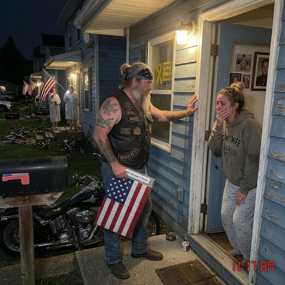 SHE THOUGHT IT WAS A BREAK-IN, BUT THE BIKER AT HER DOOR WAS HOLDING A PIECE OF HER HUSBAND’S SOUL — AND WHAT HAPPENED NEXT LEFT AN ENTIRE STREET IN SILENT SALUTE. HOW OFTEN DO WE JUDGE THE MESSENGER BEFORE HEARING THE MESSAGE?