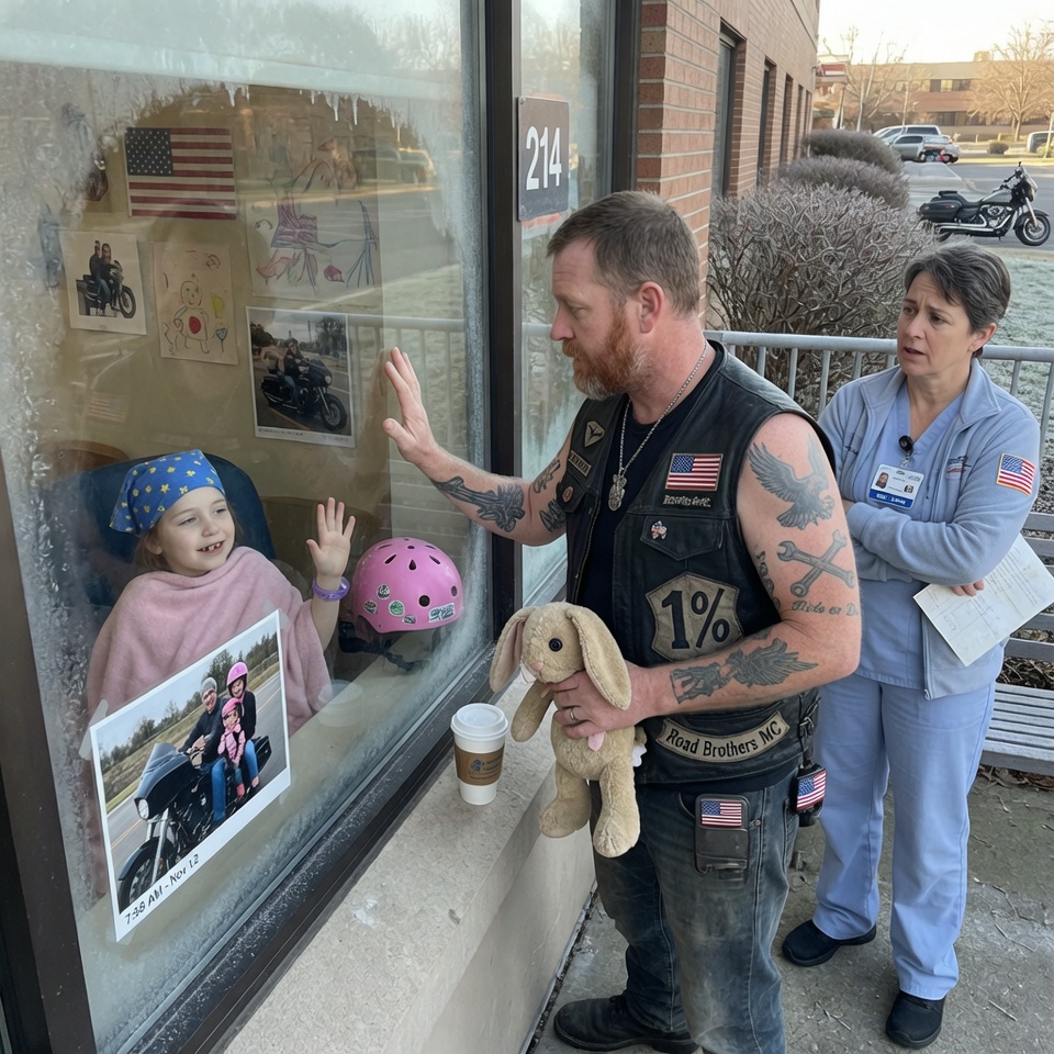 EVERY MORNING AT 8 AM, A BIKER STOOD OUTSIDE A CANCER WARD WINDOW — BUT THE LITTLE GIRL INSIDE WASN’T HIS. WHEN A NURSE FINALLY CONFRONTED HIM, HE PULLED A …..