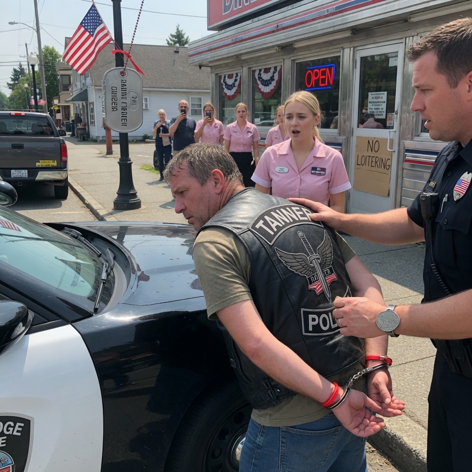 THE OFFICER DEMANDED HIS NAME. THE BIKER STAYED SILENT, STARING AT A DOG TAG TIED TO A LAMPPOST. THEN THE COP GRABBED HIS SHOULDER, SPUN HIM, AND SAW IT—A WORN LEATHER PATCH WITH A NAME THAT MADE THE WHOLE SCENE SHATTER. IS THE TRUTH BURIED IN THAT OLD COIN?