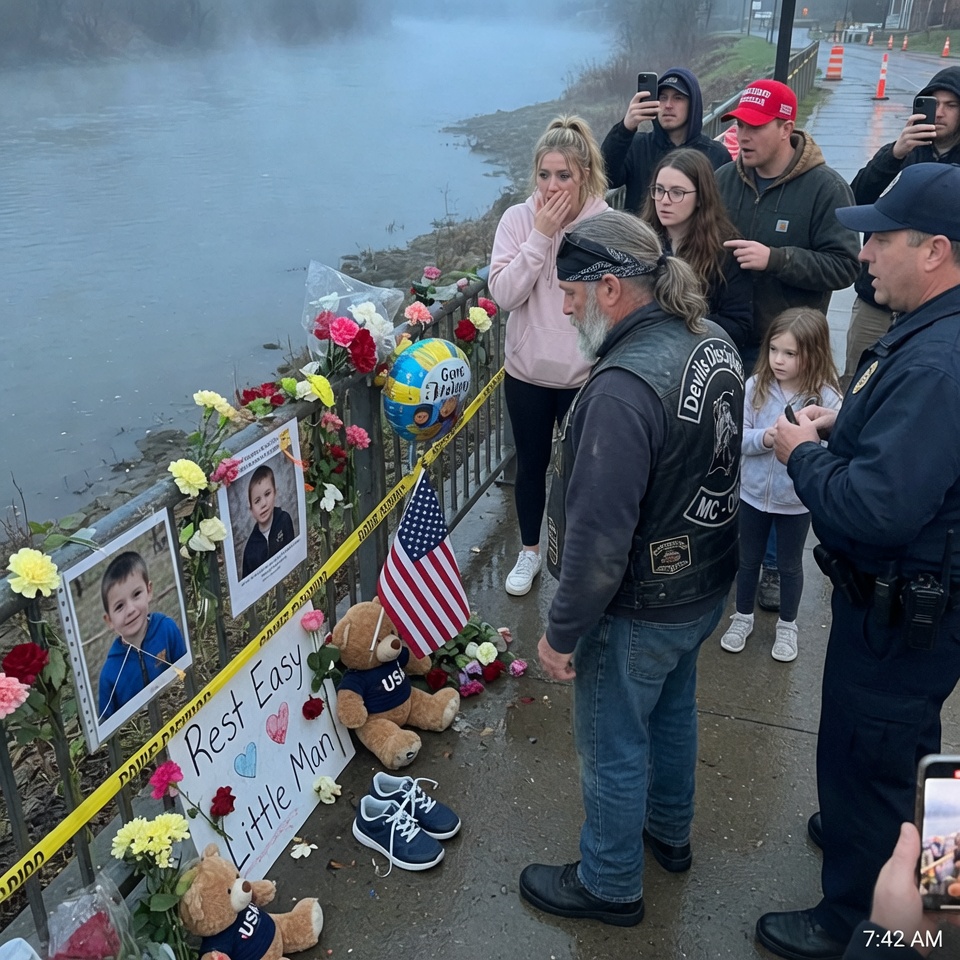A BIKER KNELT AT A DROWNING MEMORIAL, PLACED TINY SNEAKERS, AND WALKED AWAY. THE CROWD CALLED THE POLICE. BUT THEN THE ENGINES ARRIVED.