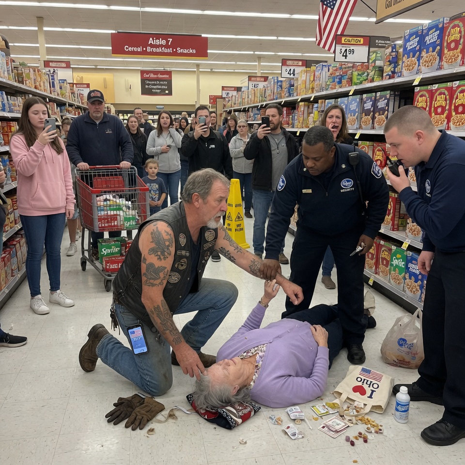 HE DROPPED TO HIS KNEES IN A CROWDED SUPERMARKET — SHOPPERS BACKED AWAY UNTIL THE REASON BROKE THEIR HEARTS. SECURITY CALLED IT A DISTURBANCE. ONE PHONE CALL CHANGED EVERYTHING. WHAT MAKES A HERO WEAR LEATHER AND SCARS INSTEAD OF A UNIFORM?