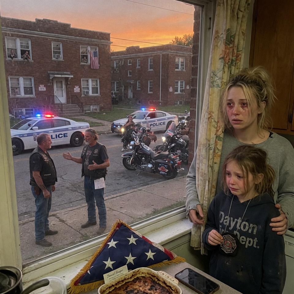 Thirty bikers stood motionless outside a tiny apartment, engines dead, faces unreadable—while a grieving widow clutched her doorframe and neighbors whispered, “They’re here for trouble.” But why bring a folded flag?