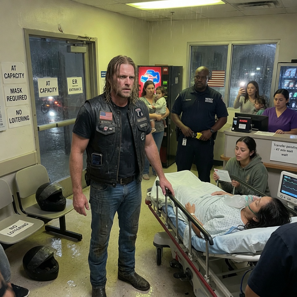 He ripped off his helmet and hurled it at the ER doors so hard the metal rang like a gunshot—security rushed him, people screamed, and a woman on a stretcher stopped moving. What kind of man does that?