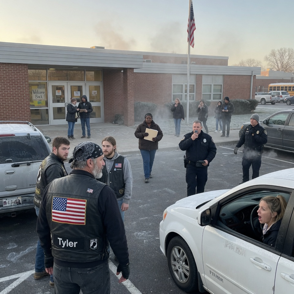 “Not today.” The biker didn’t raise his voice. He didn’t move. Yet fifty engines idled behind him as furious parents shouted—and no one understood why they were blocking a school at sunrise.