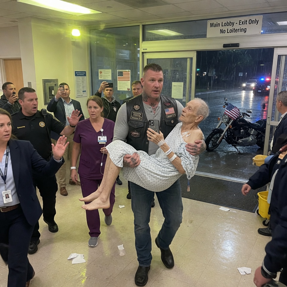 “Sir, put him down!” security yelled as I carried the old man straight through the hospital lobby, nurses chasing, phones recording—because leaving him on that curb felt worse than breaking every rule in the building.