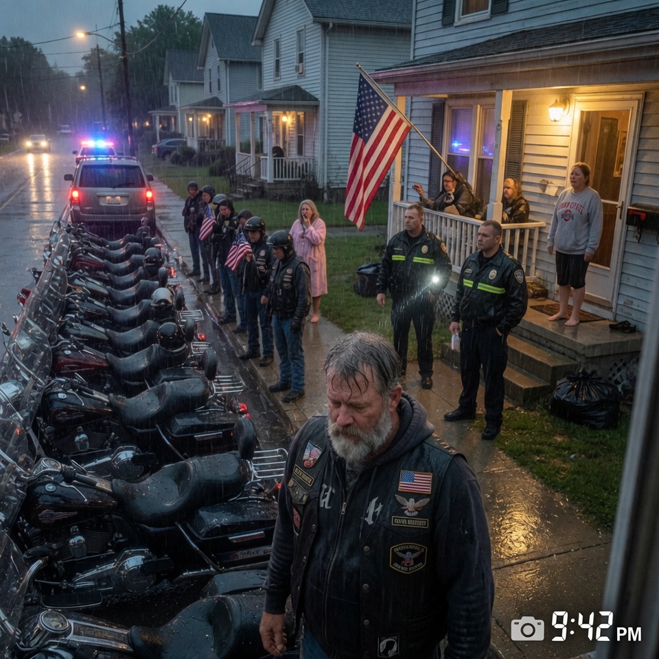 Forty bikers stood motionless in the pouring rain outside a small house, engines off, heads lowered—while neighbors whispered, “This is how intimidation starts.”