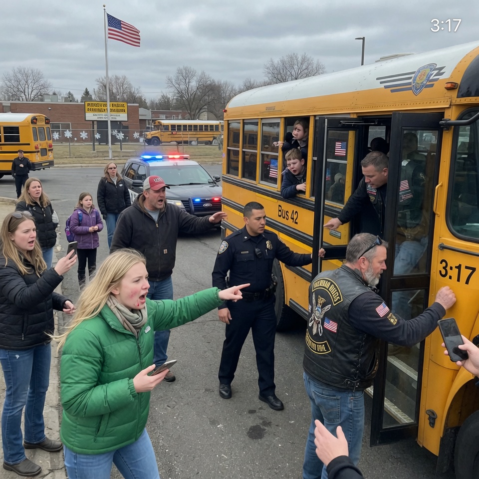 12 bikers boxed in a school bus full of kids. Parents screamed. Phones flew up. One rider knocked on the door and said, “Open it. Now.”