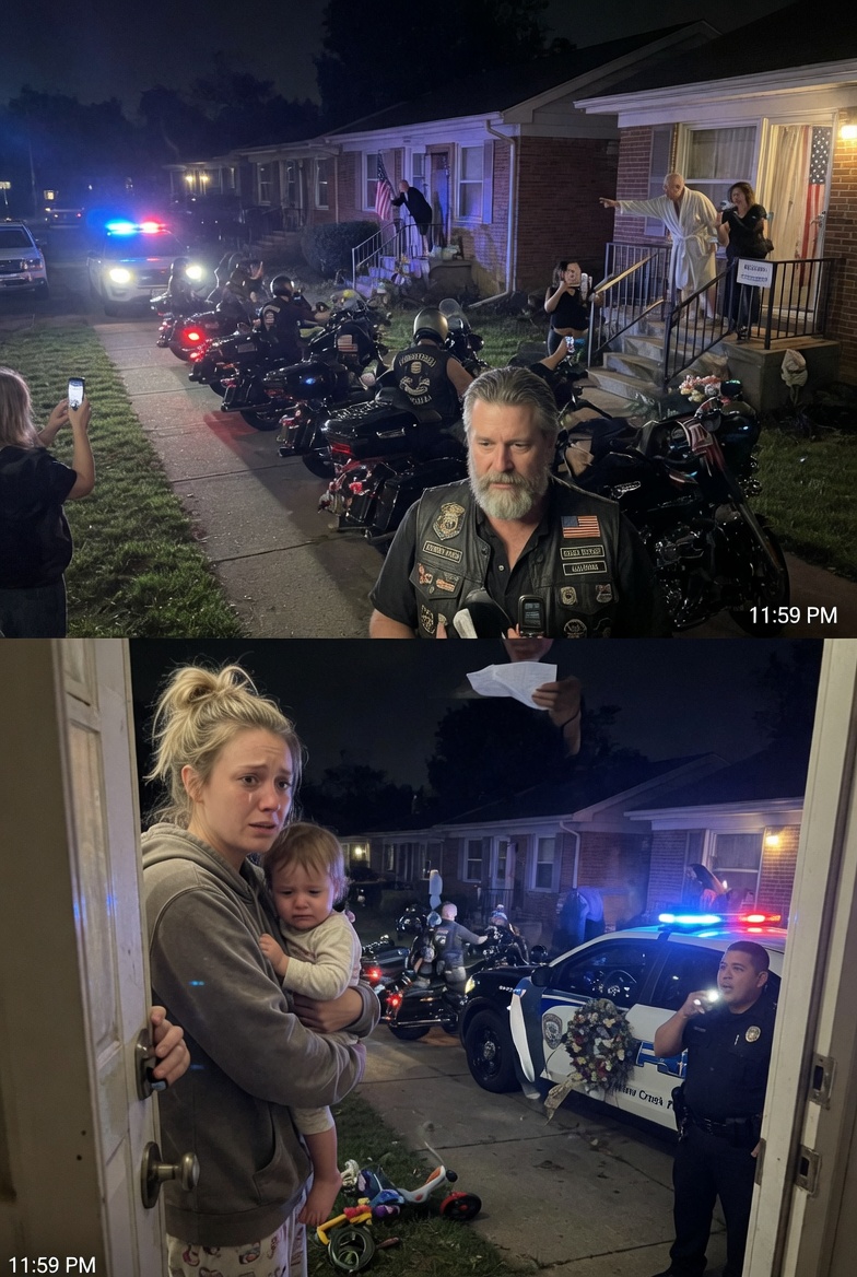 At 11:47 p.m., a gray-bearded biker held out a folded American flag and said quietly, “Your husband saved my life.” The entire street went silent — but minutes earlier, everyone thought he was there to collect a debt.