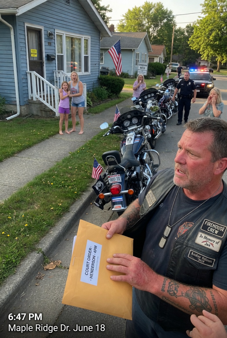 “Step away from the child!” the officer shouted as the biker reached inside his vest, engines ticking behind him and a little girl sobbing on the porch—so why did he calmly reply, “We’re here because the court said so”?