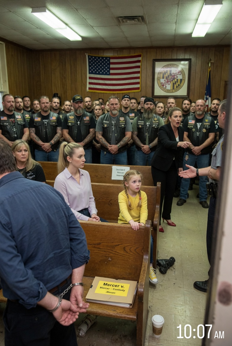 When a handcuffed father burst into tears in open court and a line of leather-clad bikers stood behind him, everyone in the room thought they were watching a custody hearing turn into intimidation.