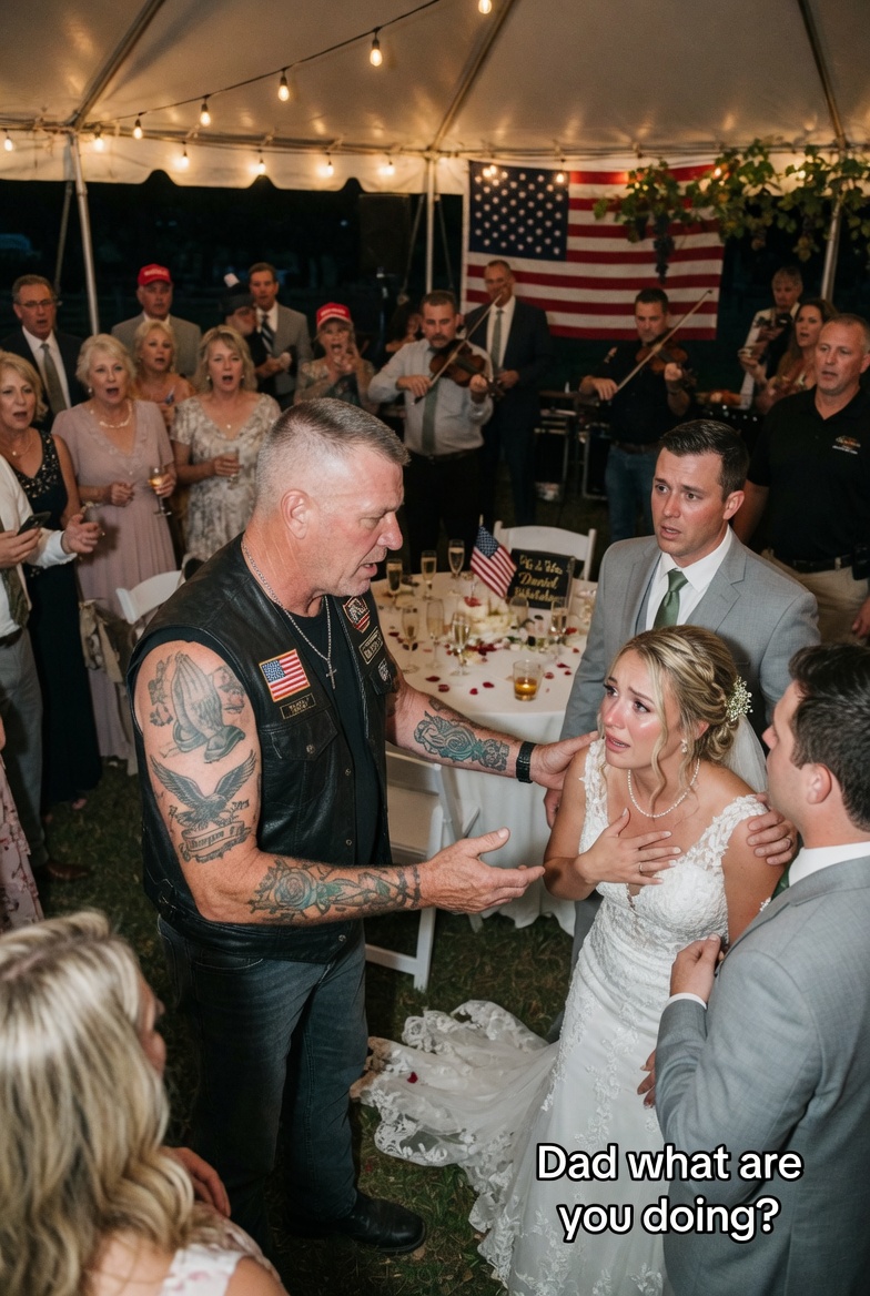 When the bride’s father in a sleeveless leather vest stormed into the vineyard reception and pulled her away from the head table, every guest believed they were watching a man destroy his daughter’s wedding in real time.