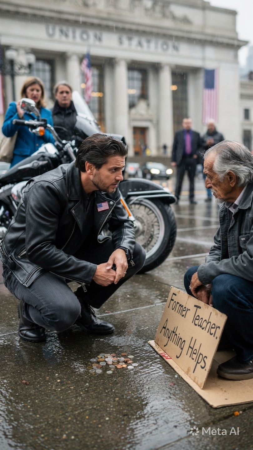 When the biker scattered coins at the homeless man’s feet in front of a packed train station, strangers thought they were witnessing cruelty — and for a split second, it looked exactly like that.