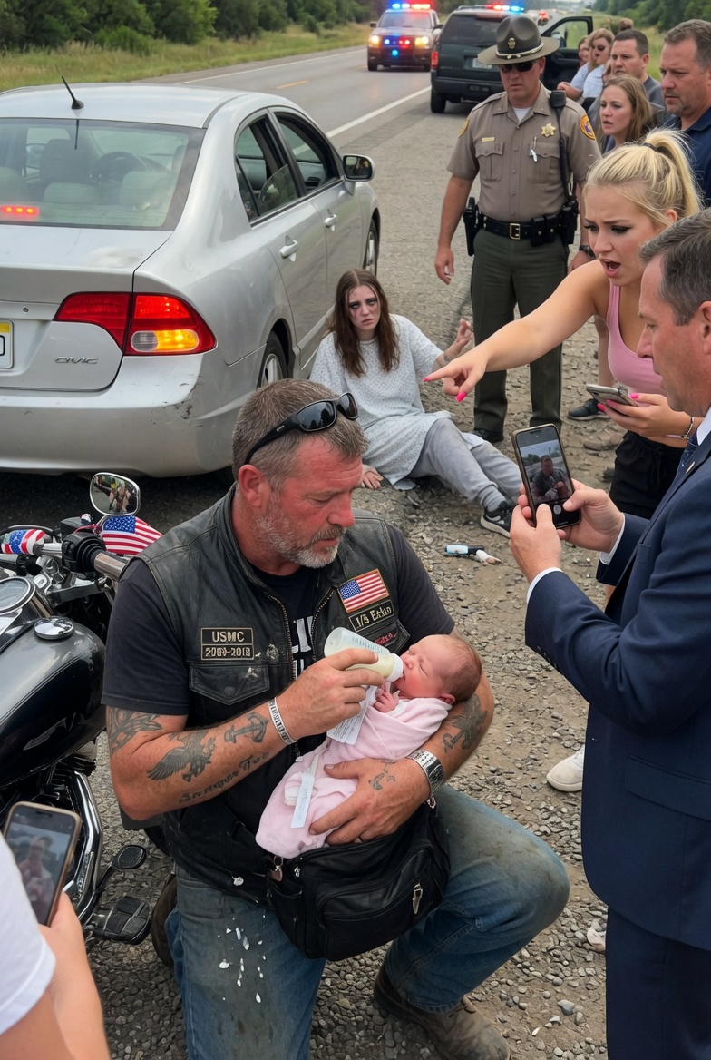 On a blazing Arizona afternoon, traffic on Interstate 17 nearly came to a dead stop when drivers saw a gray-bearded biker kneeling on the shoulder, holding a newborn baby to his chest — and what he did next made people reach for their phones in outrage.