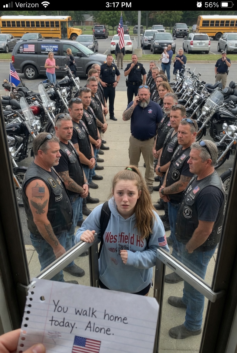 50 BIKERS BLOCKED MY HIGH SCHOOL GATE AT DISMISSAL — PARENTS SCREAMED, COPS DREW NEAR. BUT WHEN THE LEADER LOCKED EYES WITH ME AND SAID THREE WORDS, MY BLOOD TURNED TO ICE. WOULD YOU HAVE RUN OR STAYED?