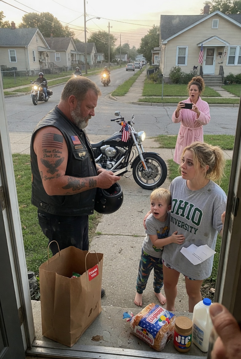 “MOM, ARE WE HAVING SPAGHETTI TONIGHT?” SHE COULDN’T ANSWER — UNTIL A MYSTERIOUS BIKER APPEARED AT DAWN. THE COPS WERE CALLED, THE FACEBOOK THREAD EXPLODED, AND THEN THE REAL STORY PULLED UP ON SIX MORE HARLEYS. GUESS WHAT THEY WERE CARRYING?