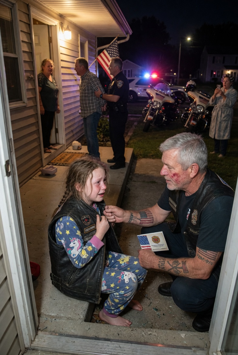 A LITTLE GIRL POUNDED ON HER OWN FRONT DOOR, BEGGING TO BE LET IN AS HER PARENTS FOUGHT INSIDE — BUT IT WASN’T THE NEIGHBORS WHO STOPPED TO HELP, IT WAS A BIKER WHO PULLED A MYSTERIOUS CARD AND SAT DOWN BESIDE HER. WHAT HAPPENED NEXT CHANGED EVERYTHING?