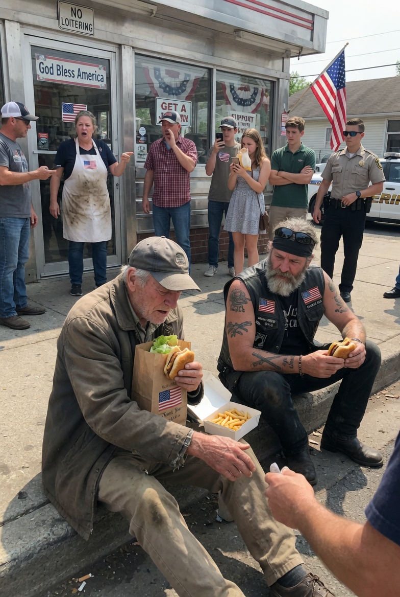 When the biker dropped to the curb beside the “beggar,” the crowd assumed things were about to turn violent.