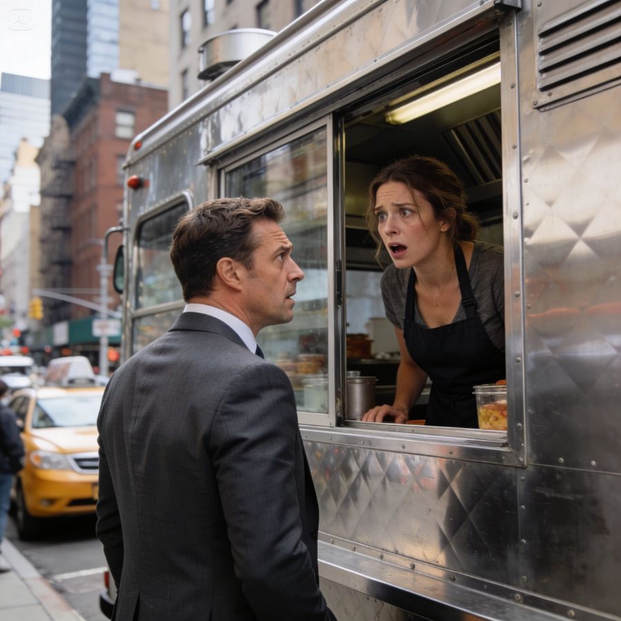 A billionaire CEO stands by a dented Midtown food truck, whispering six words that shatter a decade of silence.