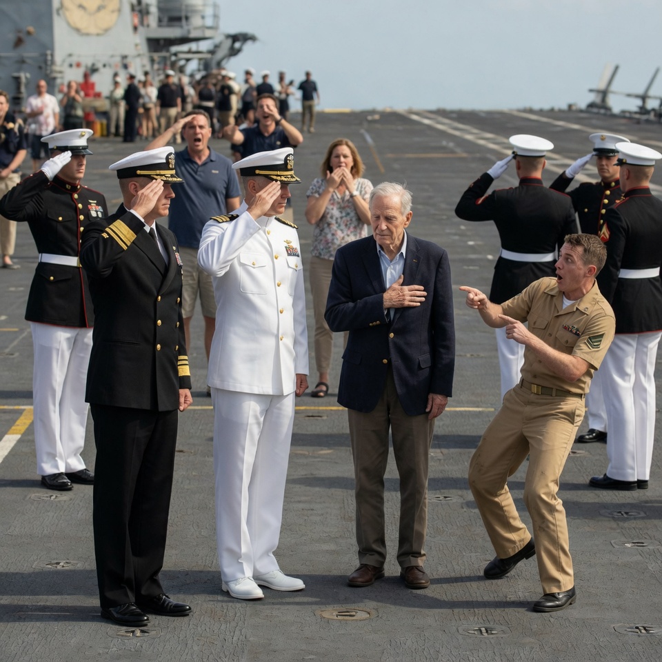 My trembling hand touched the compass in my pocket as a young sailor screamed, “What was your rank, cook?” The Marine honor guard snapped to attention and the Admiral saluted an 89-year-old in a windbreaker.
