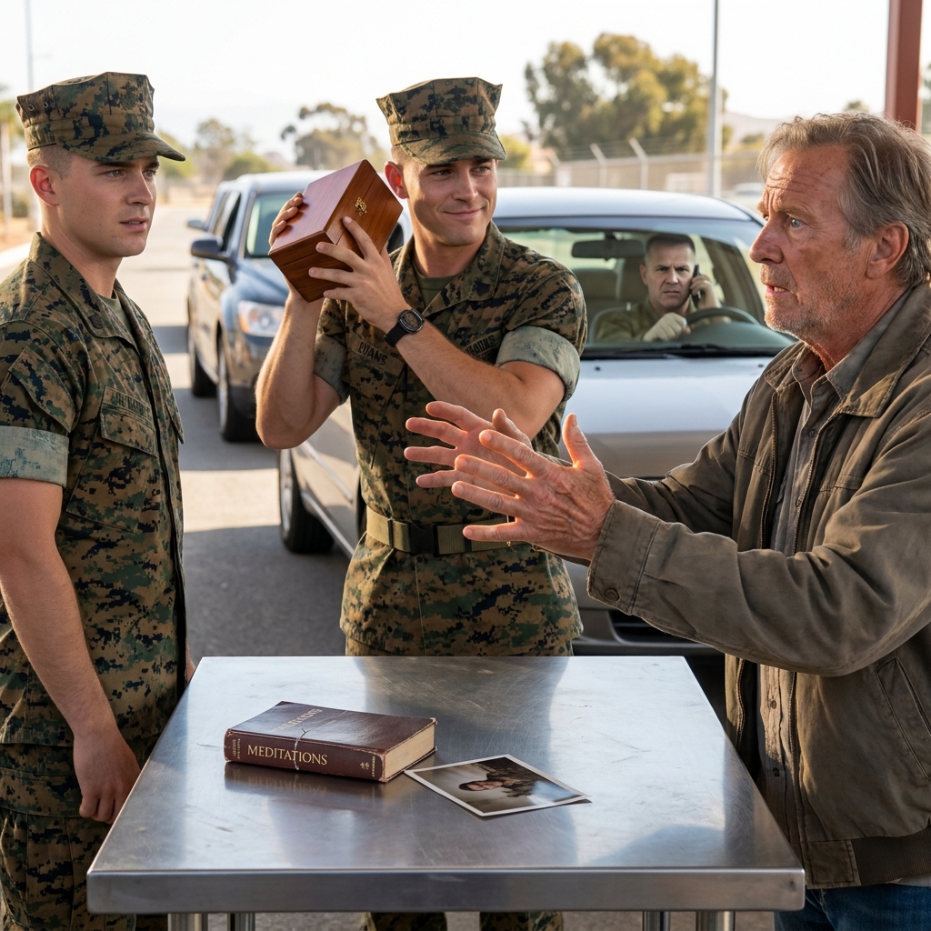 A young Marine tore apart my duffel bag at the base gate and dumped everything I owned across the inspection table while drivers watched from their cars. Then he picked up the small wooden box and shook it next to his ear like it was nothing.