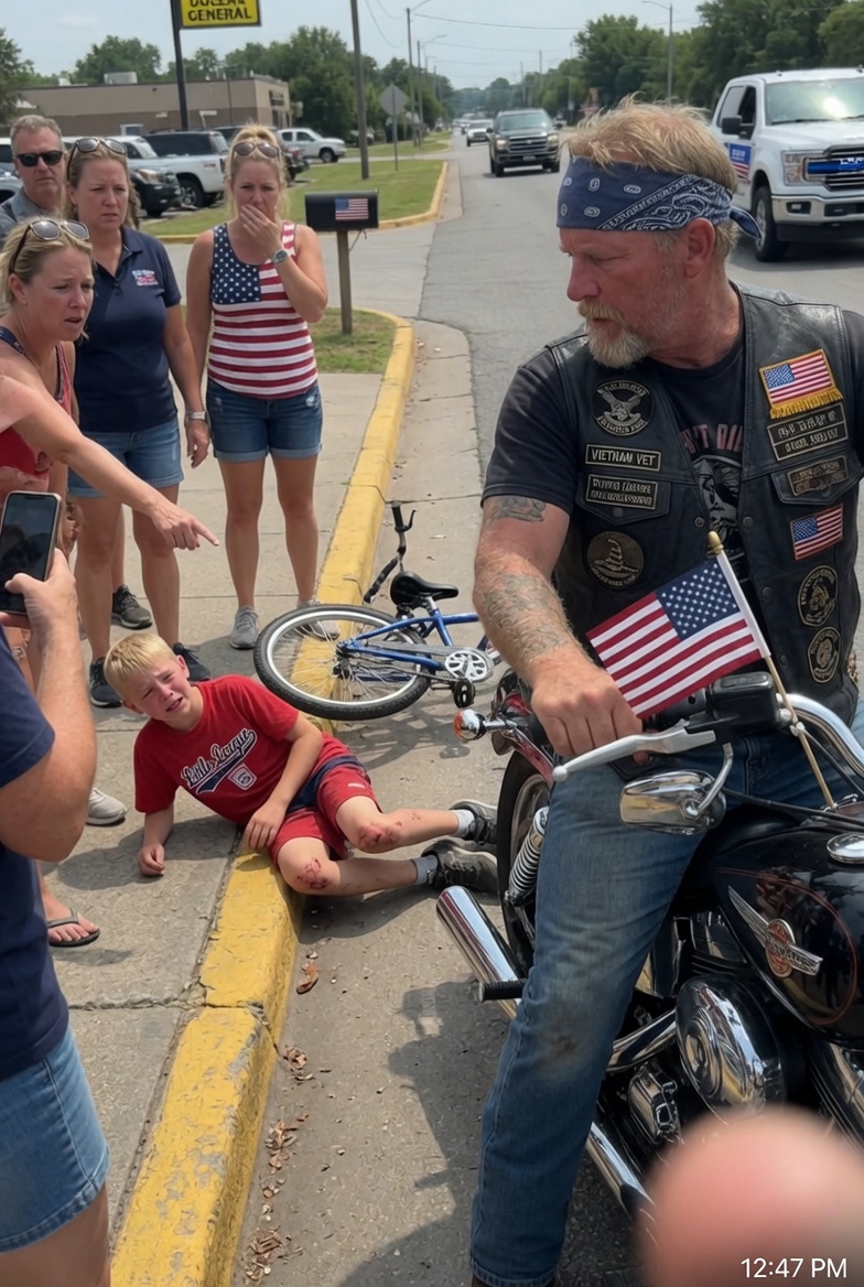 The biker showed up just as the boy hit the ground, and suddenly everyone thought they knew exactly who the real danger was.