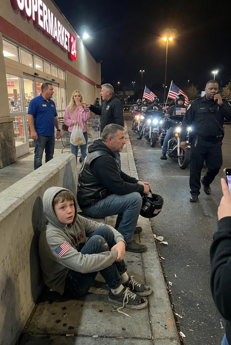 At nearly midnight, a biker parked his motorcycle and sat beside a crying child — and every shopper instantly assumed the worst.