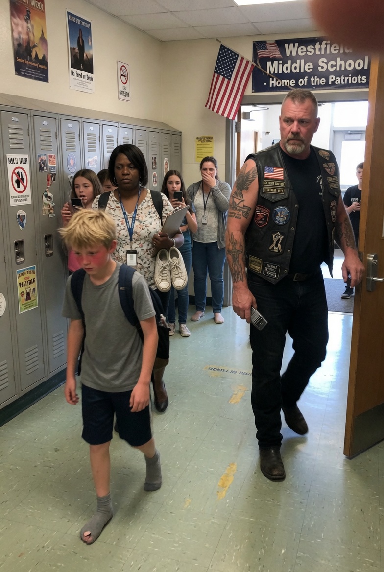 They took the boy’s shoes in the hallway—and when a biker stepped in, everyone thought the situation was about to turn violent.