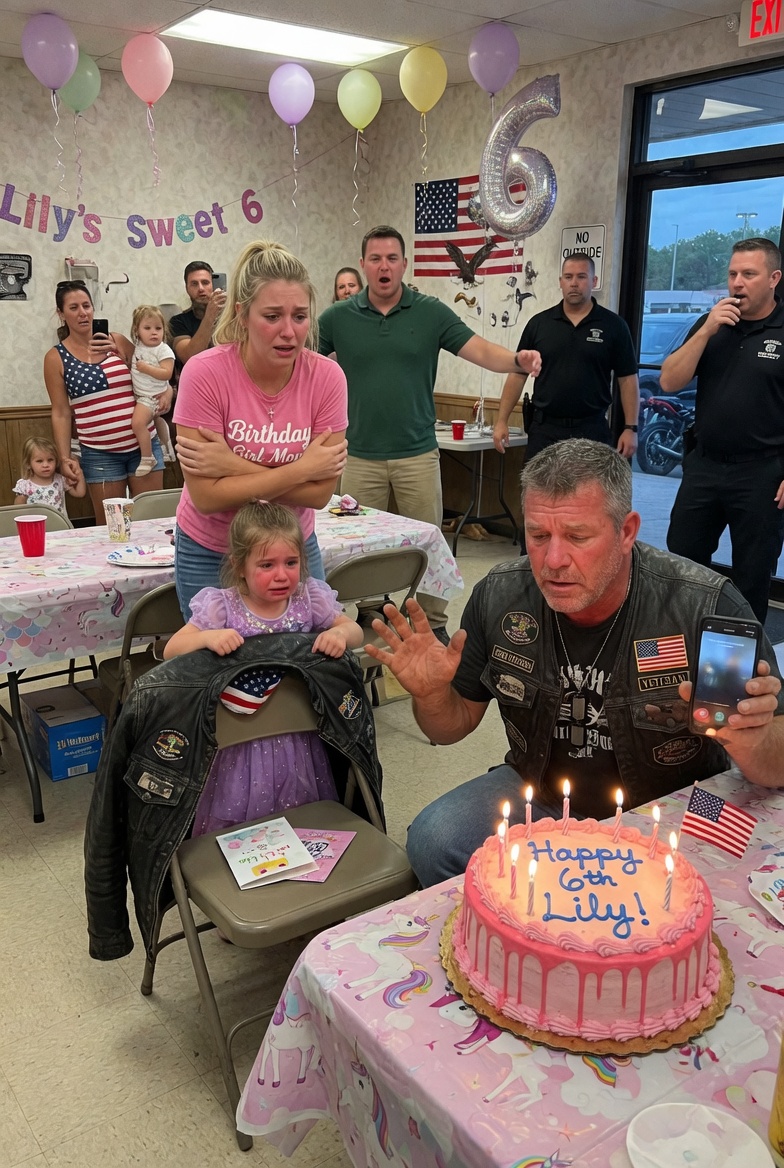 The room went silent the second a tattooed biker stepped toward a little girl’s birthday cake—and several parents instinctively reached for their phones.