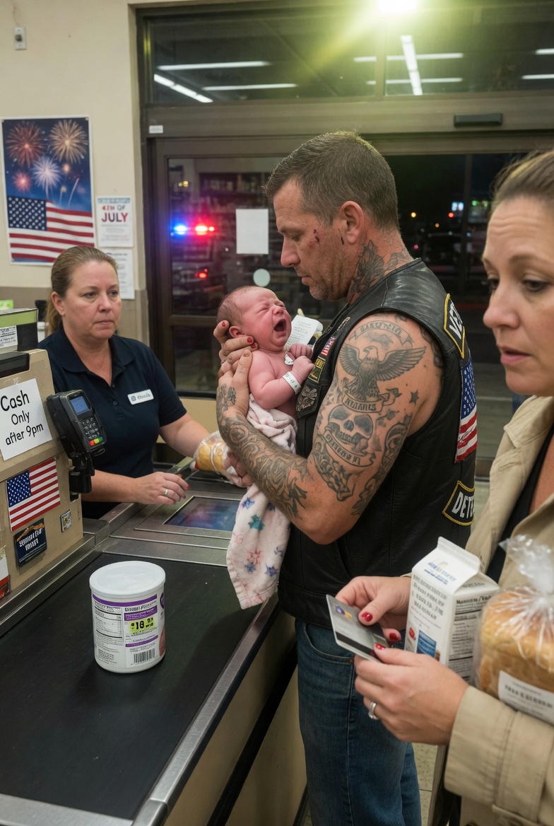 I was standing in line at a quiet neighborhood grocery store, holding a carton of milk and a loaf of bread, when a heavily tattooed biker with a crying baby in his arms tried to buy formula… and the cashier quietly shook her head—then the police knocked on my door the next morning asking about him.
