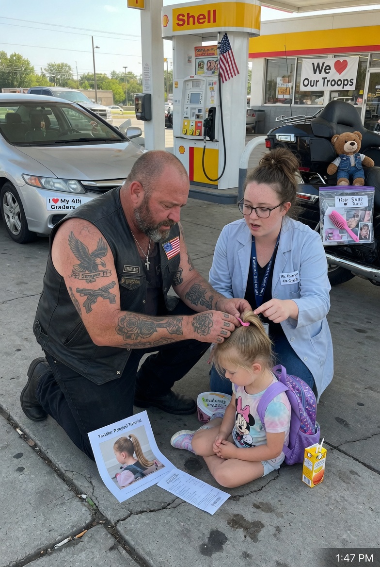 I pulled into a Shell station off I-40 and saw a man covered in tattoos kneeling behind a five-year-old girl on the curb, both hands buried in her hair like he was trying to defuse a bomb — and I sat in my car for eleven minutes watching him fail.