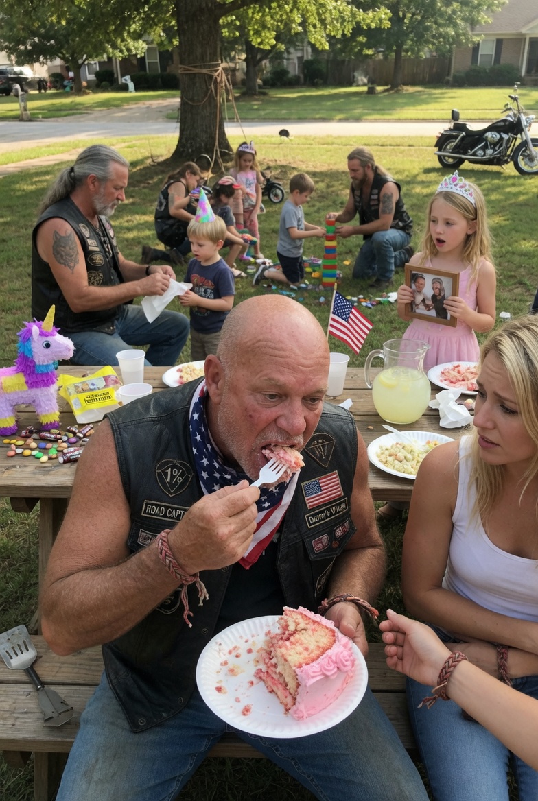 My daughter was blowing out the candles on her eighth birthday cake when seven motorcycles pulled into our gravel driveway — and every parent at the party grabbed their child and stepped back.