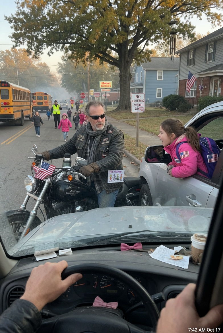 Every morning for three weeks, a man in a black leather jacket sat on a faded Harley across from my daughter’s school, never moving, never speaking — and the day I called the police was the day I learned he had more right to be there than I did.