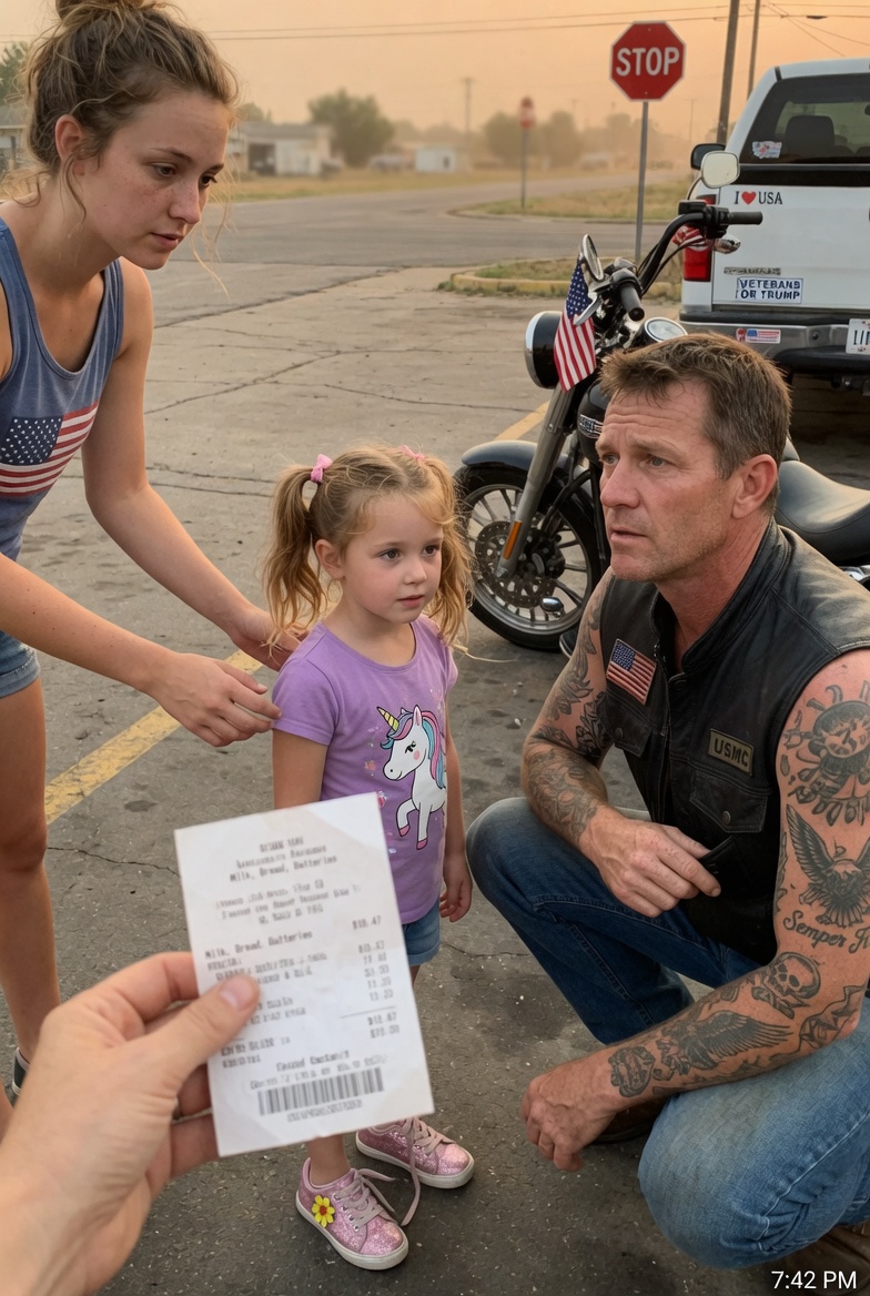 “ARE YOU SAD?” MY 6-YEAR-OLD GRANDDAUGHTER ASKED A TOWERING, TATTOOED BIKER AT A GAS STATION — AND THE WAY HE FROZE, THEN WHISPERED ONE WORD, MADE ME QUESTION EVERYTHING I THOUGHT I KNEW ABOUT STRANGERS. WHAT WAS FOLDED IN HIS POCKET?