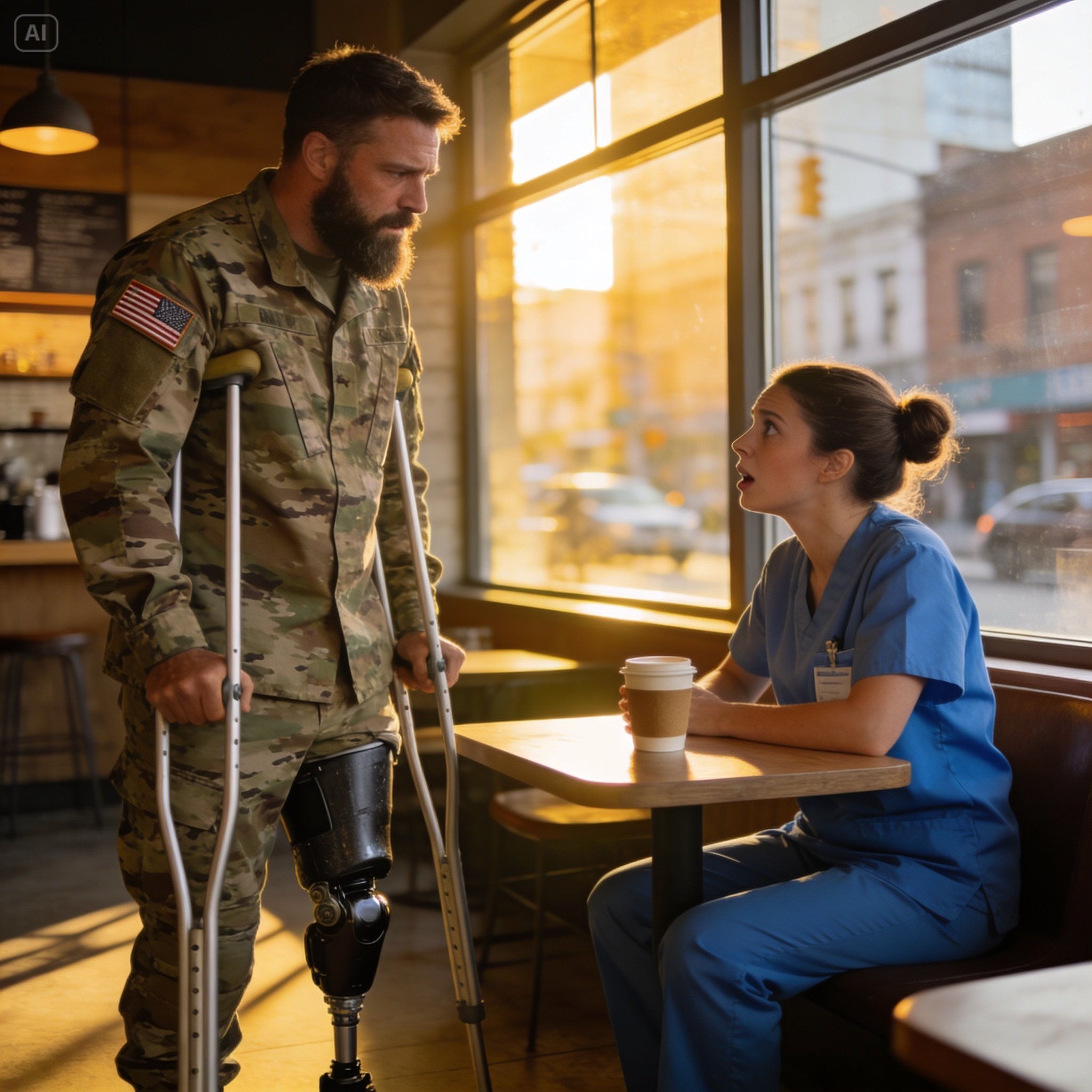 A scarred stranger with a prosthetic leg sat across from me at a crowded cafe, but the icy panic in his eyes when I mentioned my dead fiancé told me he wasn’t just a random customer… who is he?