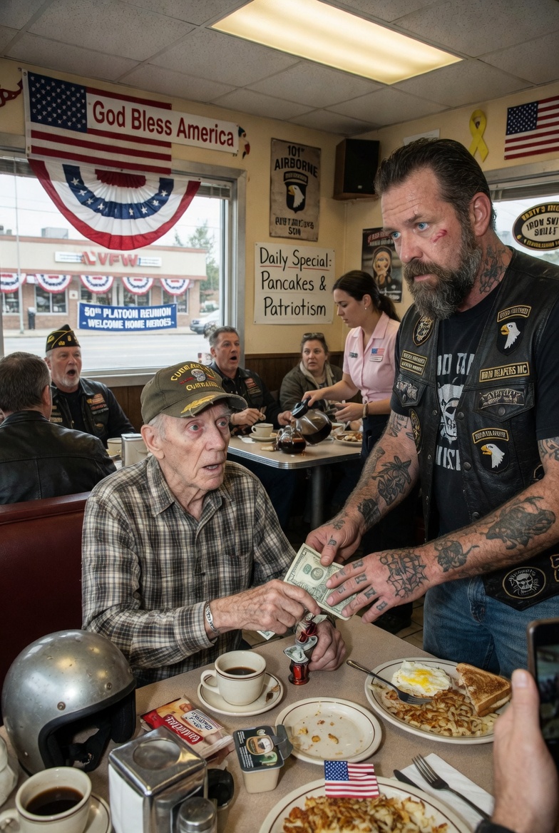 A FRAIL 73-YEAR-OLD VETERAN ASKED A HELLS ANGEL TO PRETEND TO BE HIS SON — THE BIKER’S REPLY MADE THE ENTIRE DINER GASP. WHAT HAPPENED NEXT BROKE EVERYONE