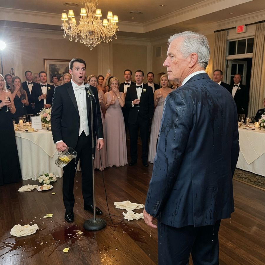 A RETIRED FACTORY WORKER HAD GARBAGE JUICE DUMPED ON HIS HEAD AT HIS DAUGHTER’S WEDDING. HE SAID THREE WORDS THAT MADE THE GROOM SCREAM. WHAT DID HE SAY?