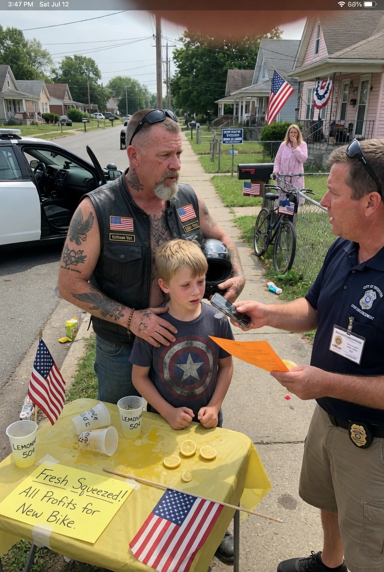 SO HEROIC – A city official bullies a little ten-year-old’s lemonade stand, but a tattooed biker’s quiet defiance stops him, then a patrol car suddenly arrives without conclusion. CAN YOU FEEL THE TENSION BEFORE THE UNKNOWN?