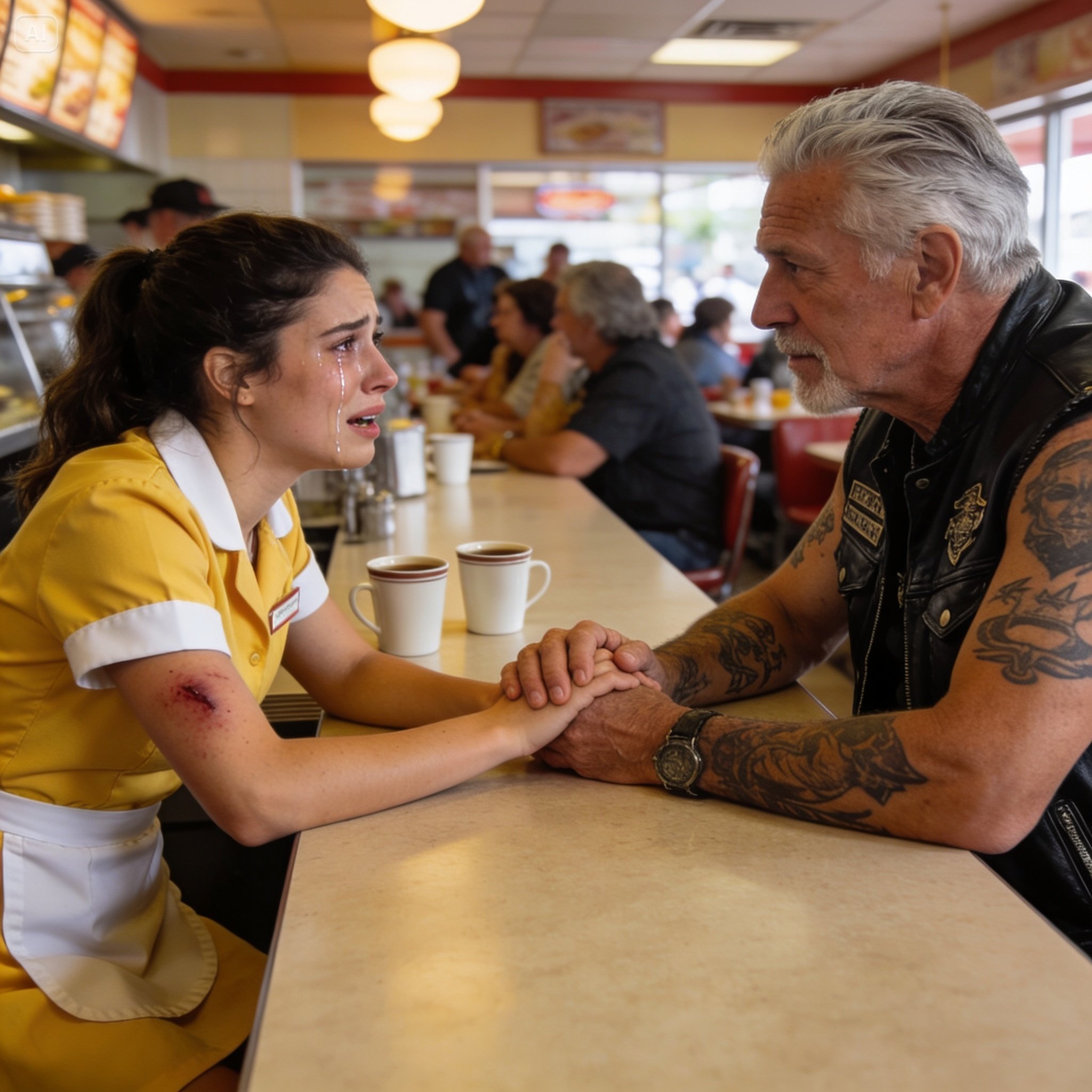 I dropped a coffee cup at the diner and braced for the worst, but the terrifying biker just knelt down and whispered three words that shattered my entire world.