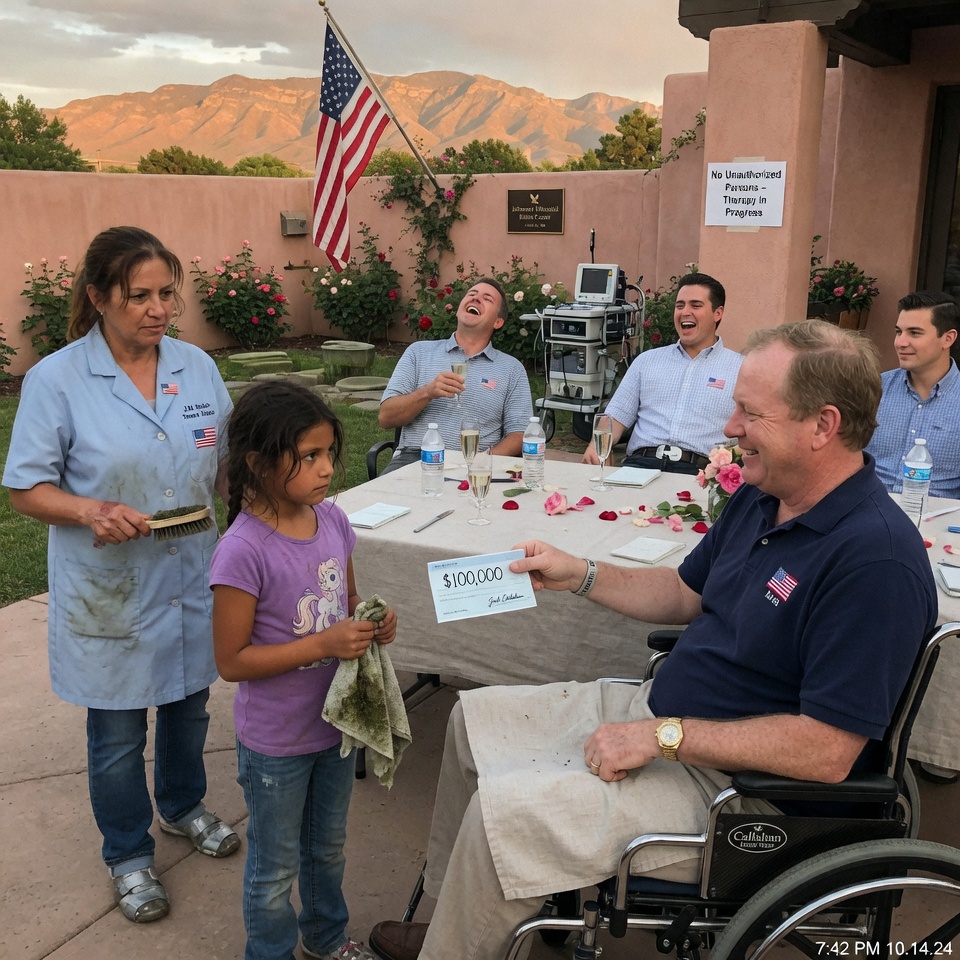 50,000 wheel chair, toasting with friends as he mocks the janitor’s daughter. He waves a 100,000 check and dares her to make him walk. But when the ten-year-old whispers that his guilt over a fatal climbing accident has chained his spine more than any injury, the courtyard freezes. The champagne flutes stop clinking. His empire trembles. IS THIS THE MIRACLE OR THE ULTIMATE HUMILIATION?