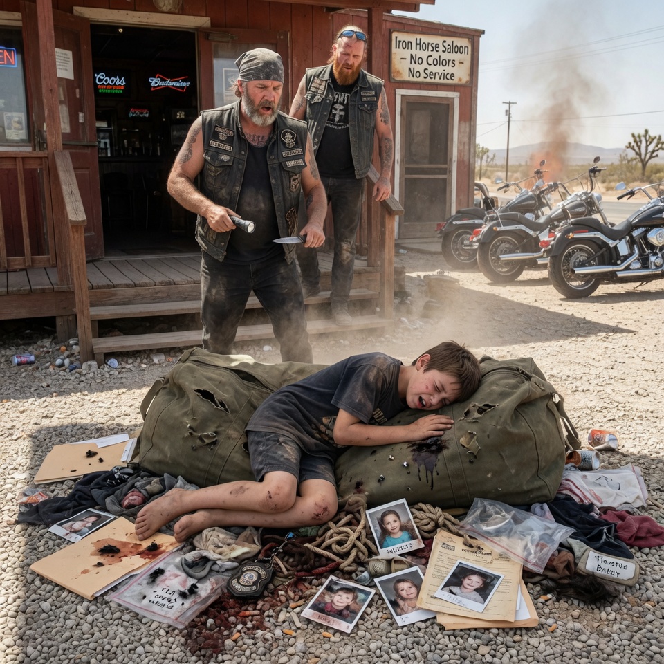 A terrified barefoot boy dragged a dripping canvas bag into a Mojave Desert biker bar—what the outlaw bikers found inside changed everything.