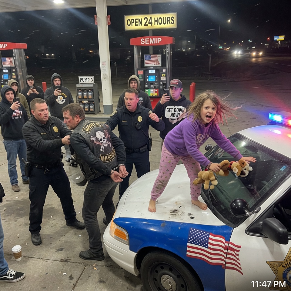 So heroic! – A barefoot little girl climbs onto a police car hood and shields a handcuffed biker, screaming that the officers are making a TERRIBLE mistake while the crowd records and judges… WHAT SHE KNEW THAT NO ONE ELSE DID? WILL YOU LOOK PAST THE UNIFORM BEFORE IT’S TOO LATE?