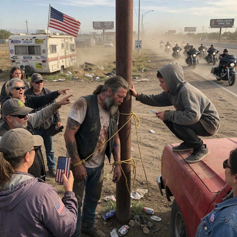 A brutally beeaaten biker tiiied to a post in a forgotten lot, the crowd hissed he was a murderous gangster who deserved it. But a scrawny boy in a faded hoodie climbed a wrecked pickup, locked eyes with the half-deaddd man, and sawed through the ropes with a pocket knife just as the thunder of over a hundred Harleys shook the earth… THE SH0CKING TRUTH LEFT EVERY ONLOOKER SHAKEN AND THE BIKERS IN TEARS! WOULD YOU HAVE TRUSTED A CHILD’S INSTINCT?